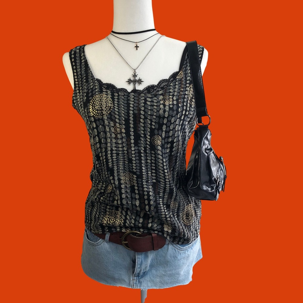 Vintage Y2K Chicos Metallic Lace Trim Studded Knit Grunge Tank Top Womens M